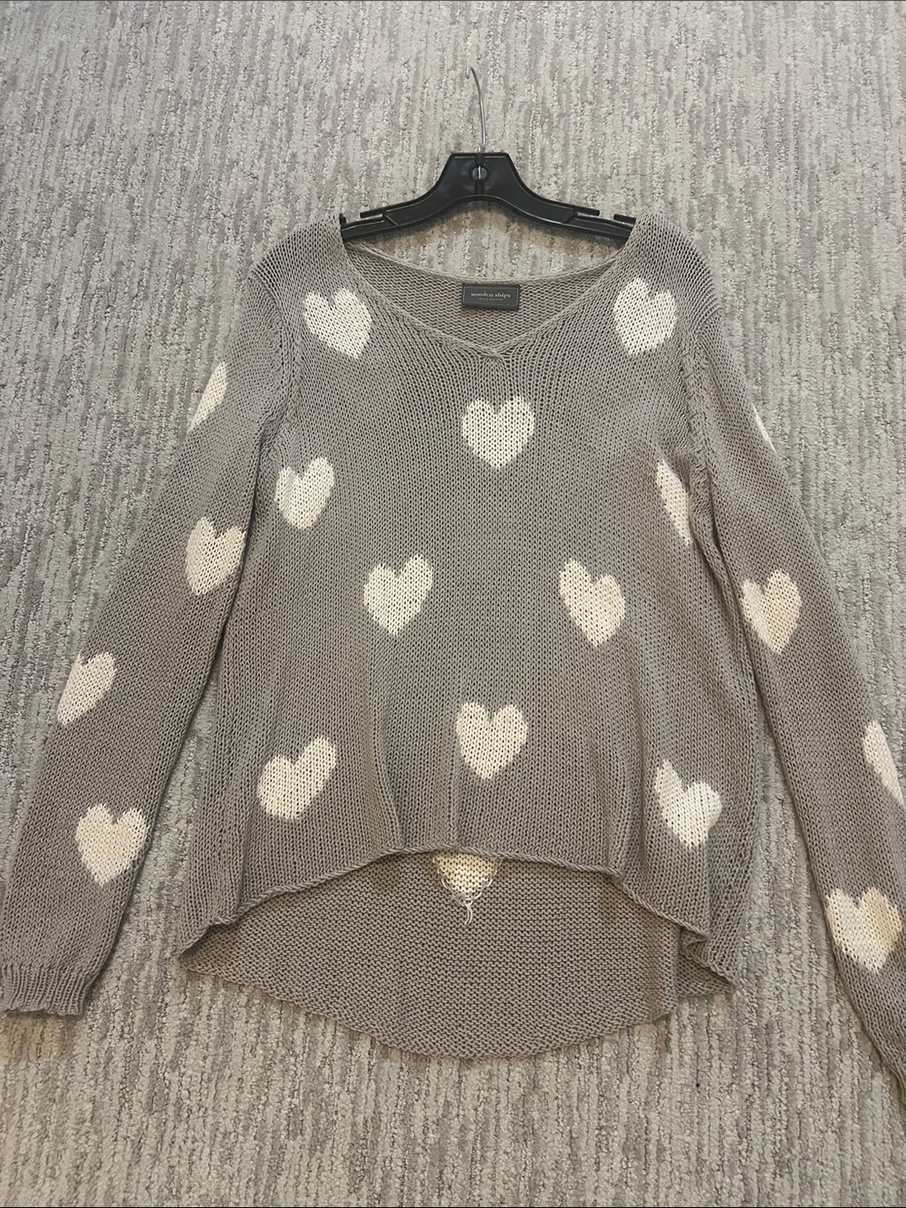 Wooden Ships Taupe V-Neck Heart-Print Sweater with Cream Hearts S/M